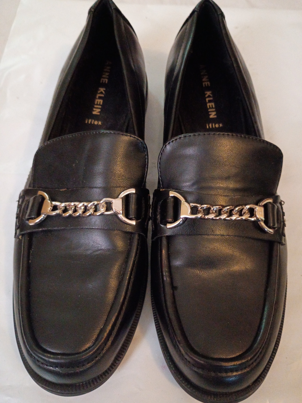 Anne Klein Black Leather Slip-On Loafers with Silver Chain Size 8 M